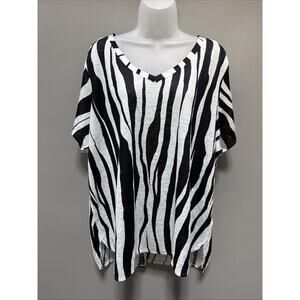 RACHEL ZOE Black/Wht Zebra Print 100% Linen High-Low Hem Slub Knit Top 3X